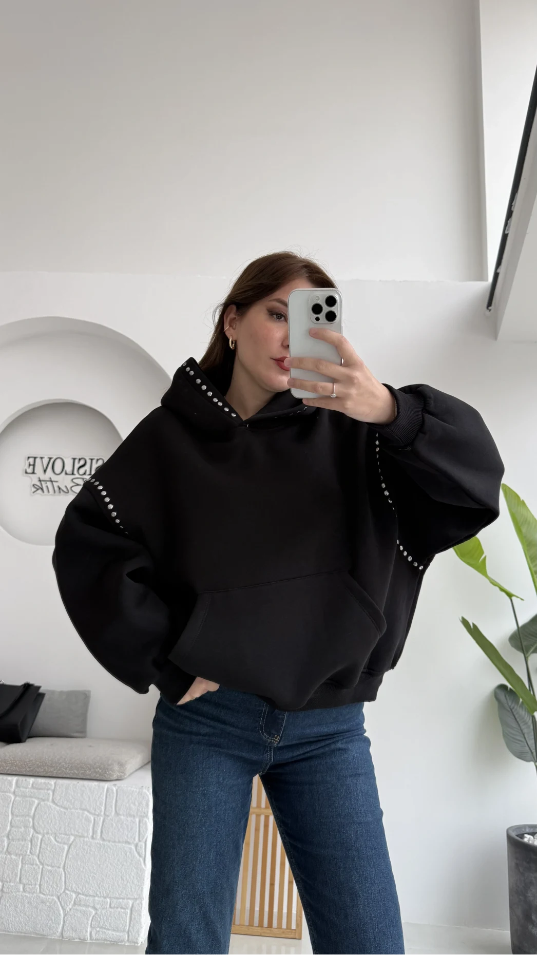 Zımba Detaylı Kapüşonlu Sweatshirt - Siyah