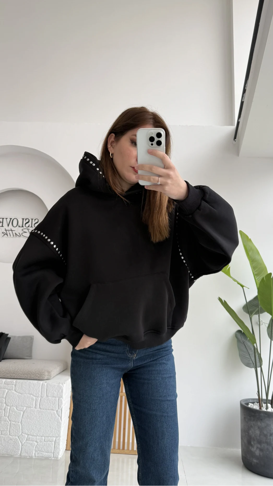 Zımba Detaylı Kapüşonlu Sweatshirt - Siyah