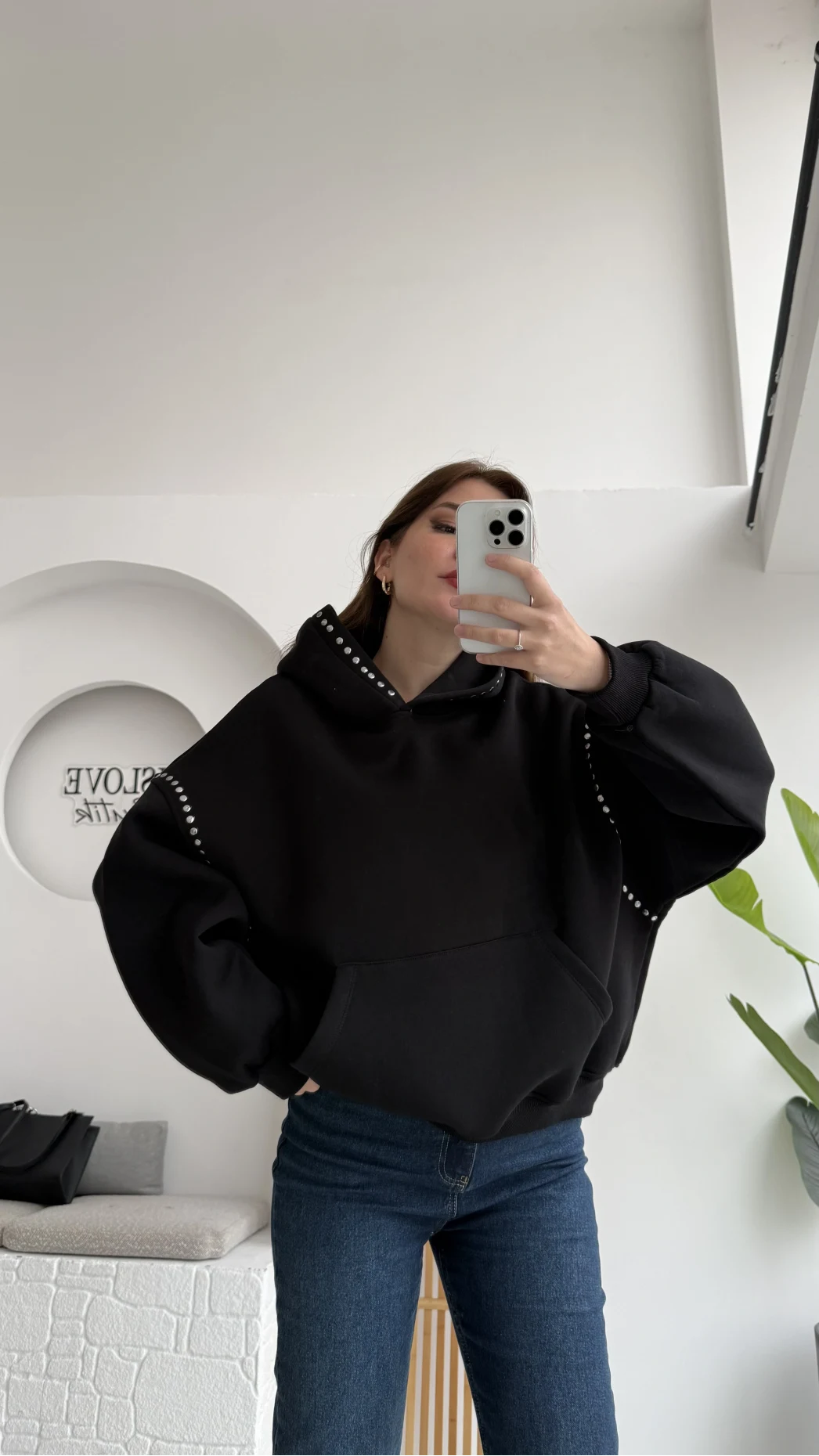 Zımba Detaylı Kapüşonlu Sweatshirt - Siyah