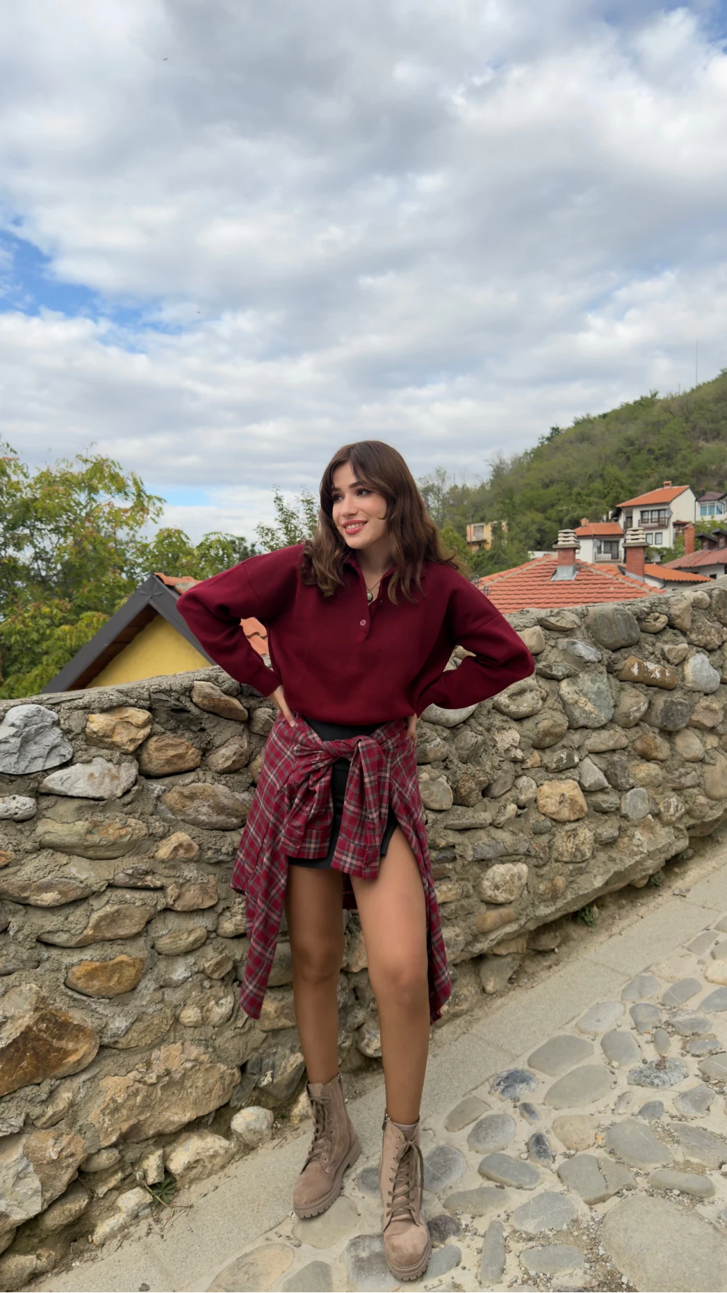 Zoey Polo Yaka Düğmeli Kazak - Bordo - Kod: 34100