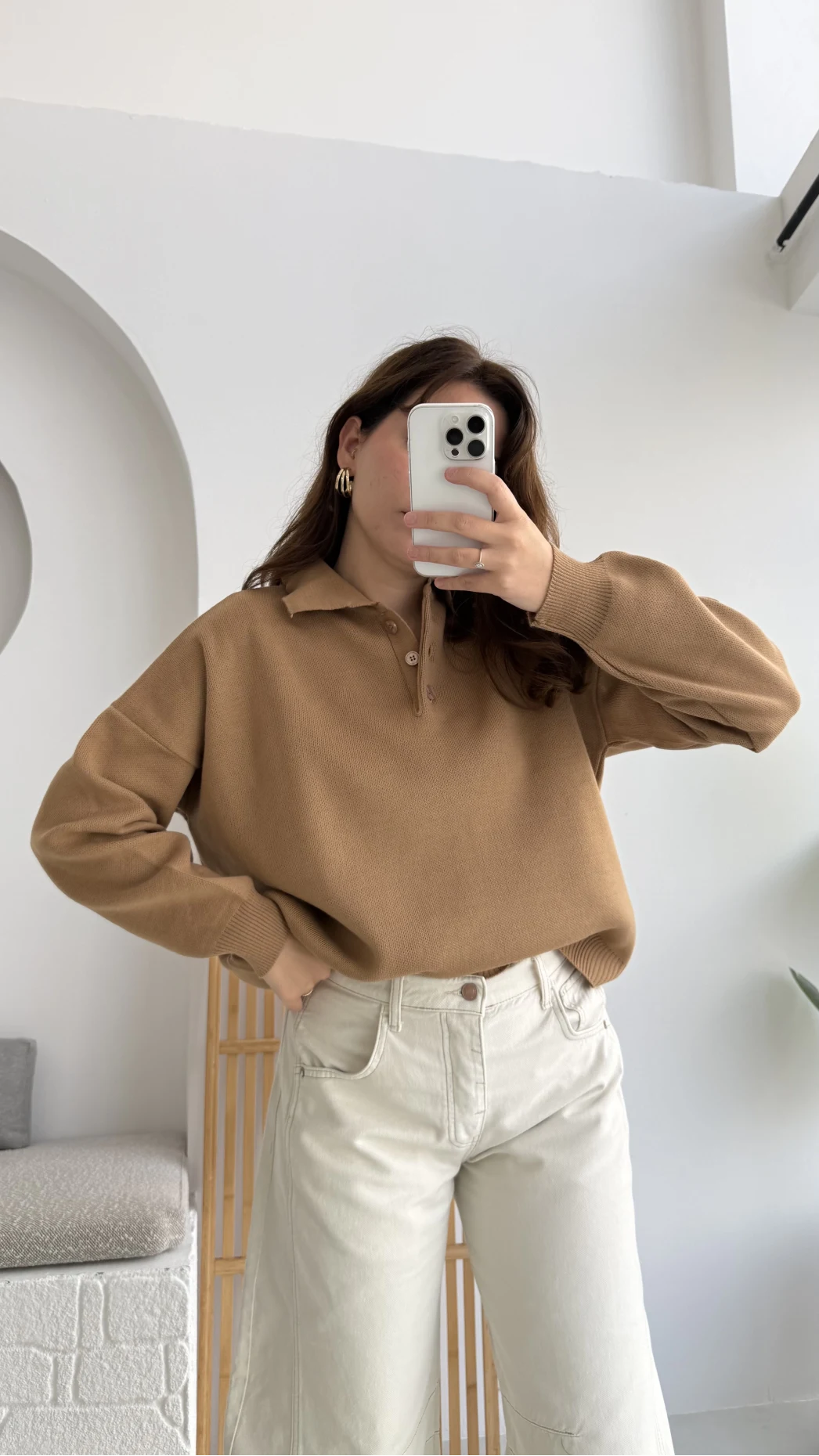 Zoey Polo Yaka Düğmeli Kazak - Camel - Kod: 34100