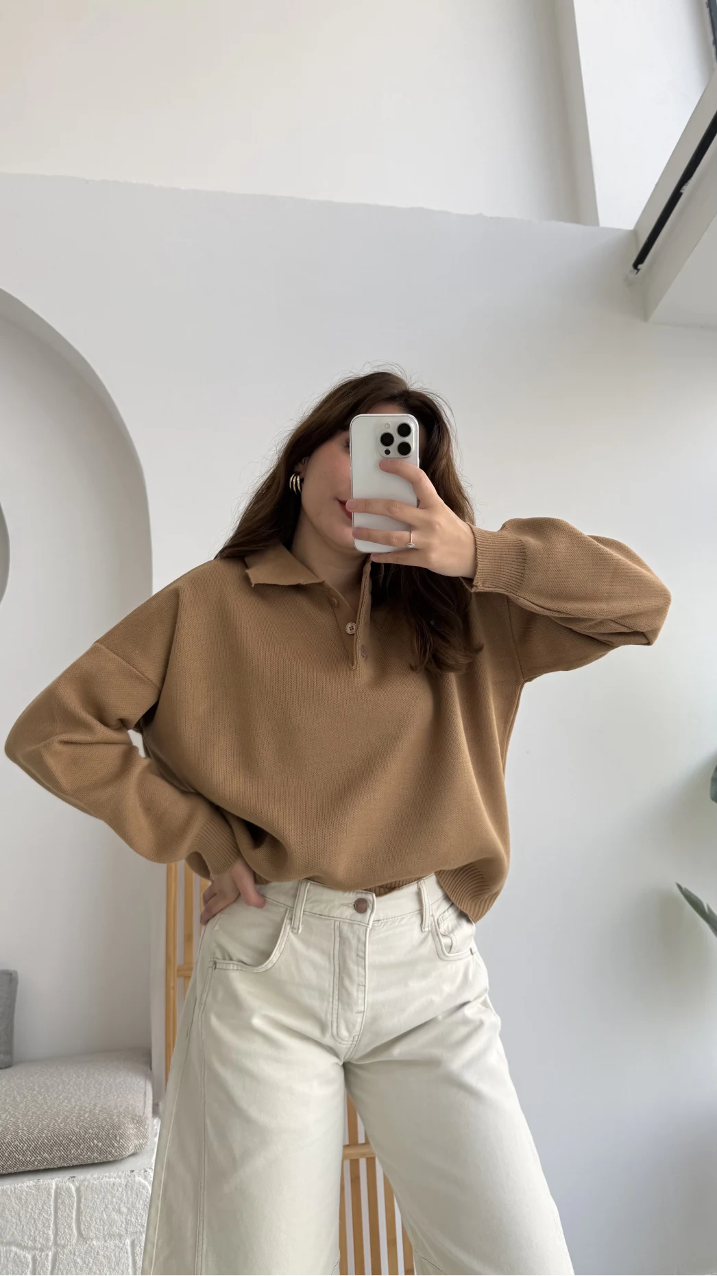 Zoey Polo Yaka Düğmeli Kazak - Camel - Kod: 34100