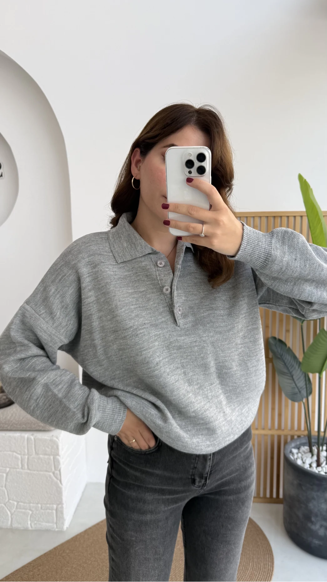 Zoey Polo Yaka Düğmeli Kazak - Gri - Kod: 34100