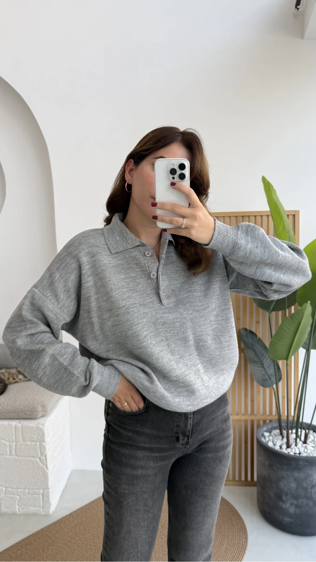 Zoey Polo Yaka Düğmeli Kazak - Gri - Kod: 34100