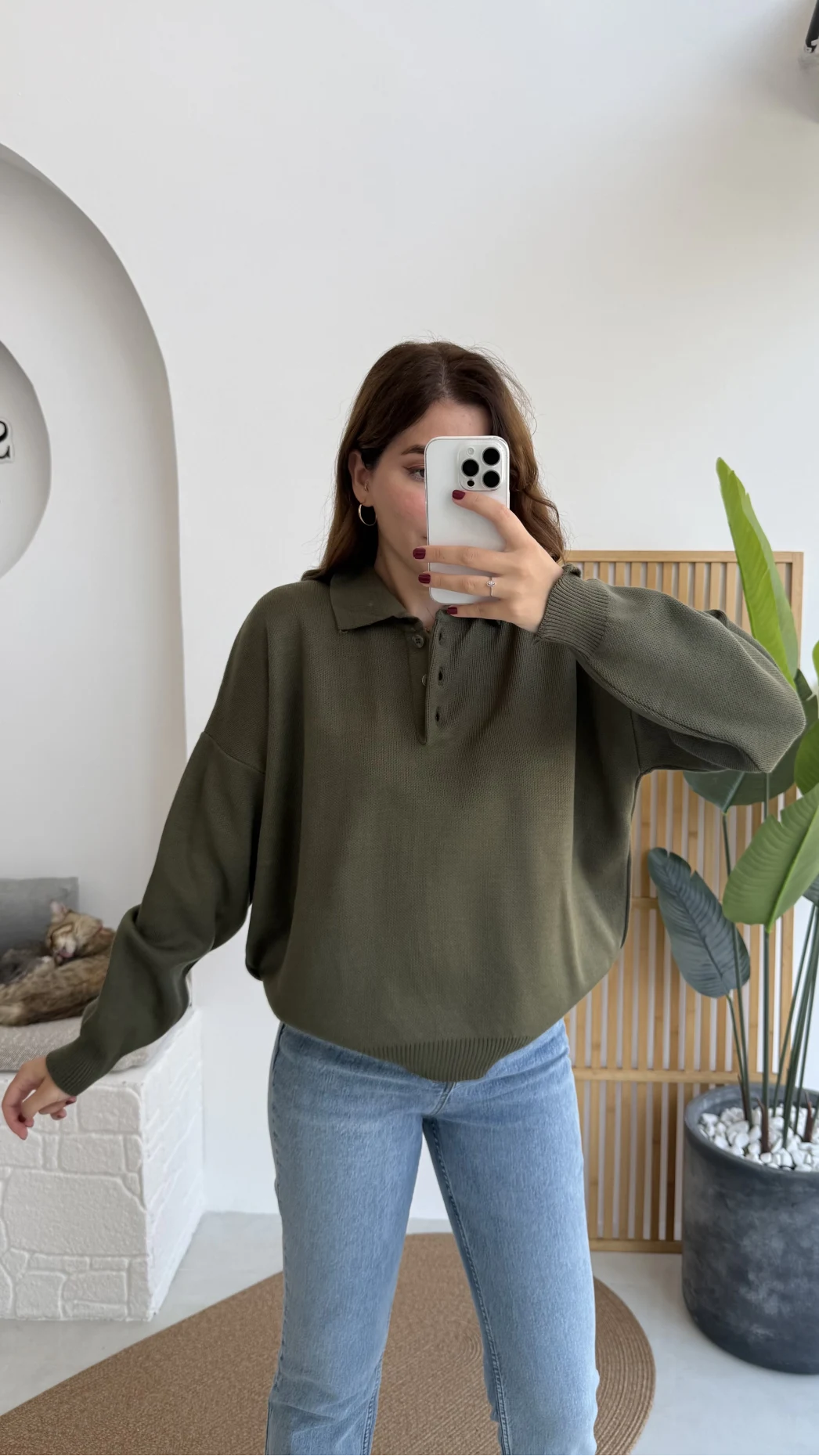 Zoey Polo Yaka Düğmeli Kazak - Haki - Kod: 34100