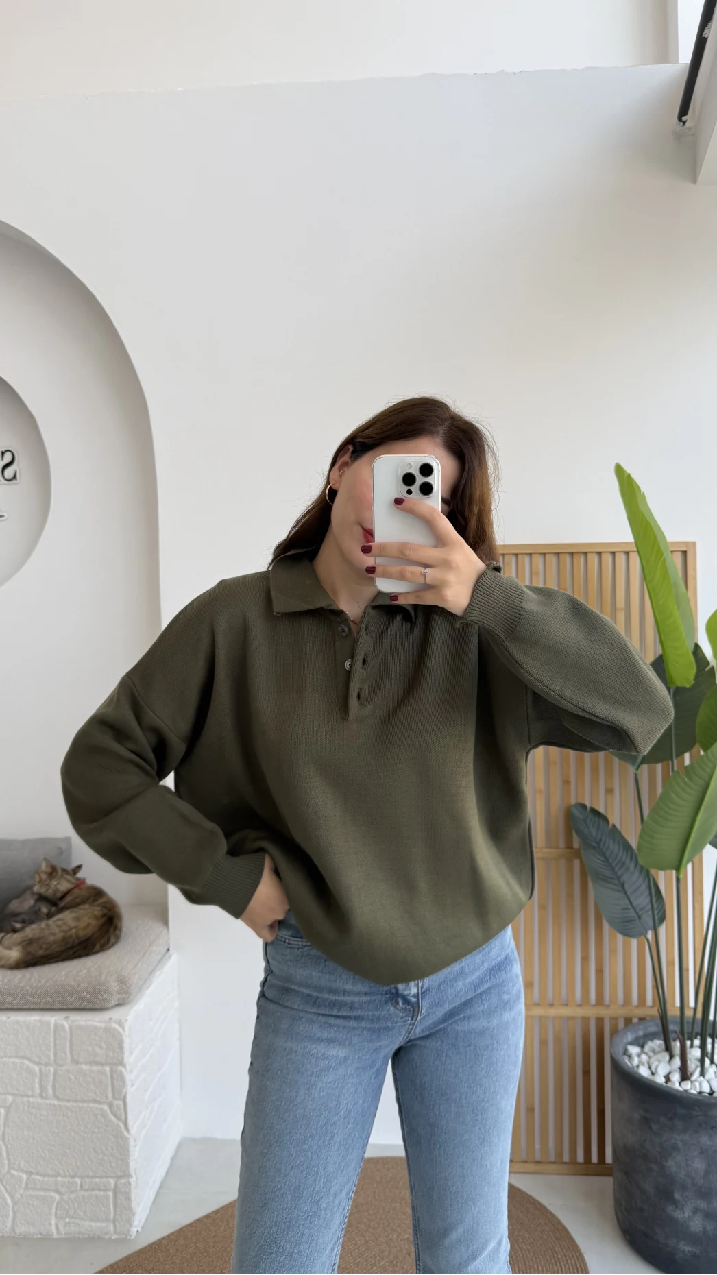 Zoey Polo Yaka Düğmeli Kazak - Haki - Kod: 34100