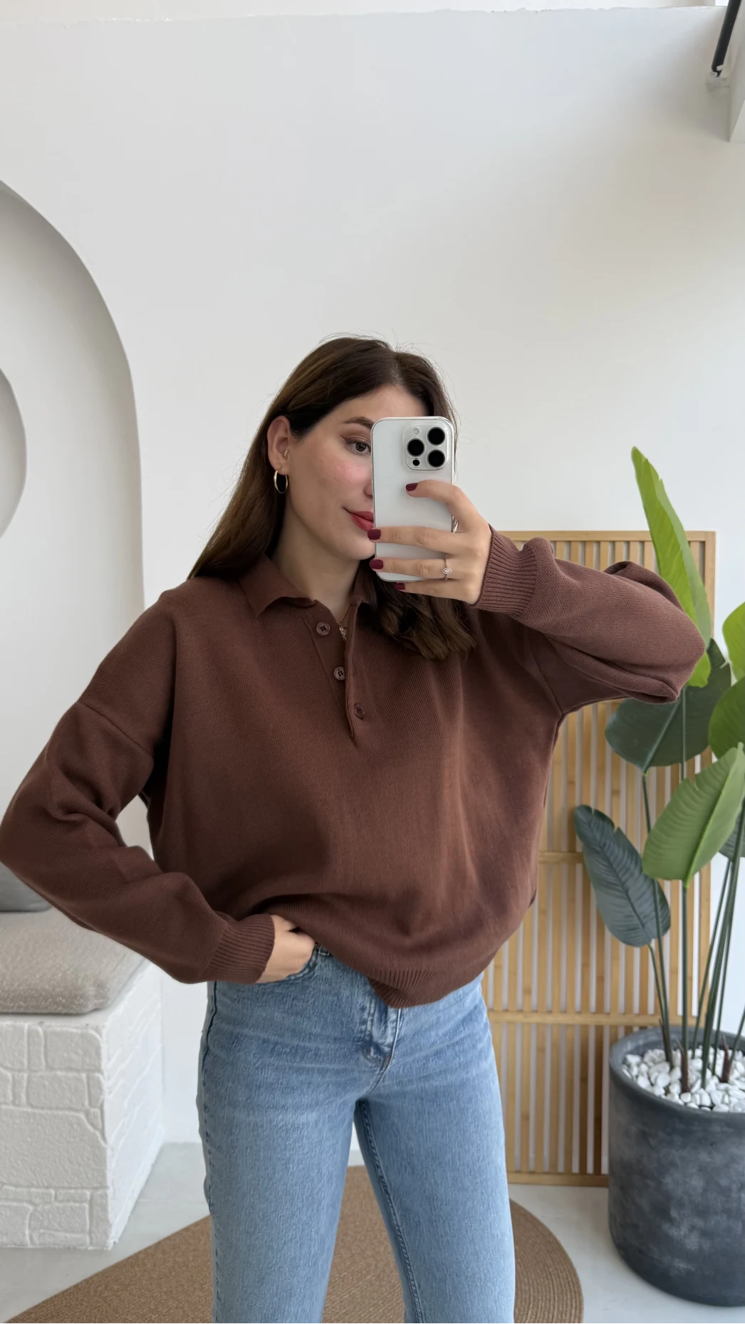 Zoey Polo Yaka Düğmeli Kazak - Kahverengi - Kod: 34100