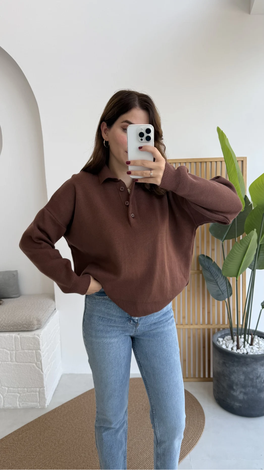 Zoey Polo Yaka Düğmeli Kazak - Kahverengi - Kod: 34100