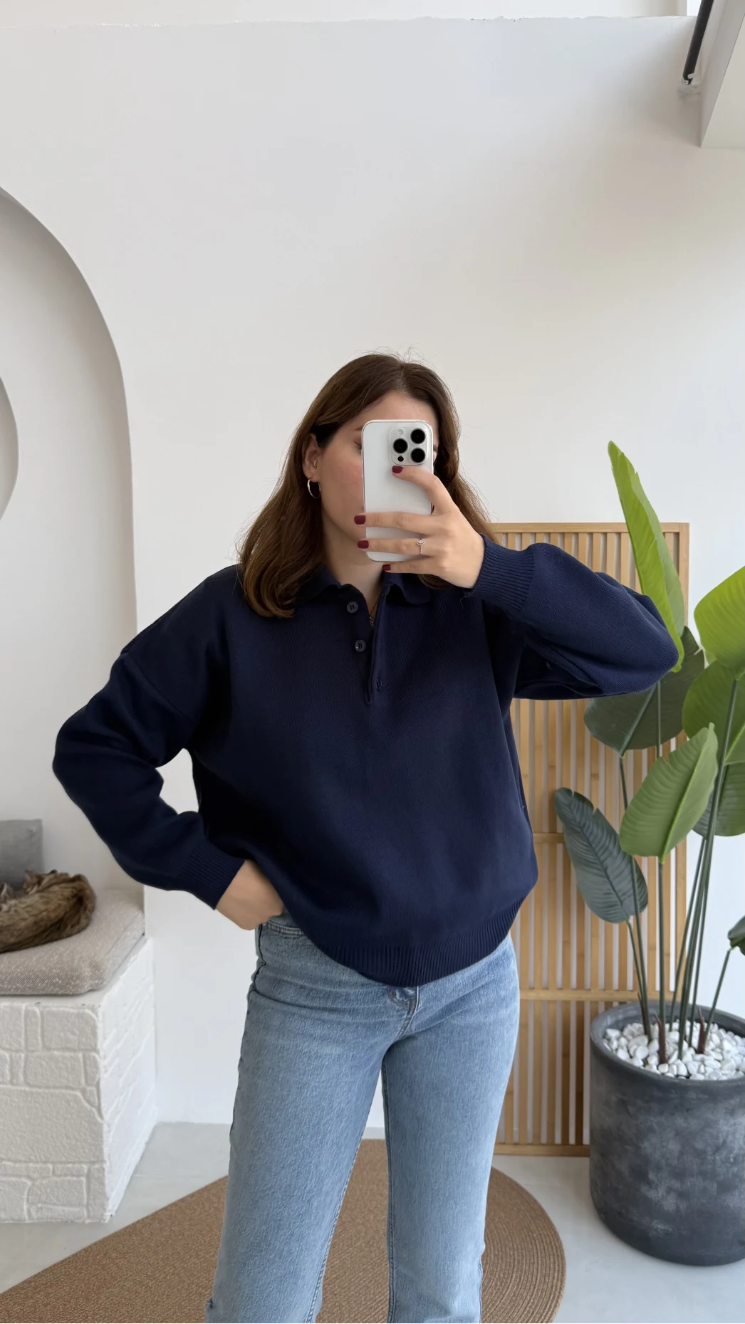 Zoey Polo Yaka Düğmeli Kazak - Lacivert - Kod: 34100