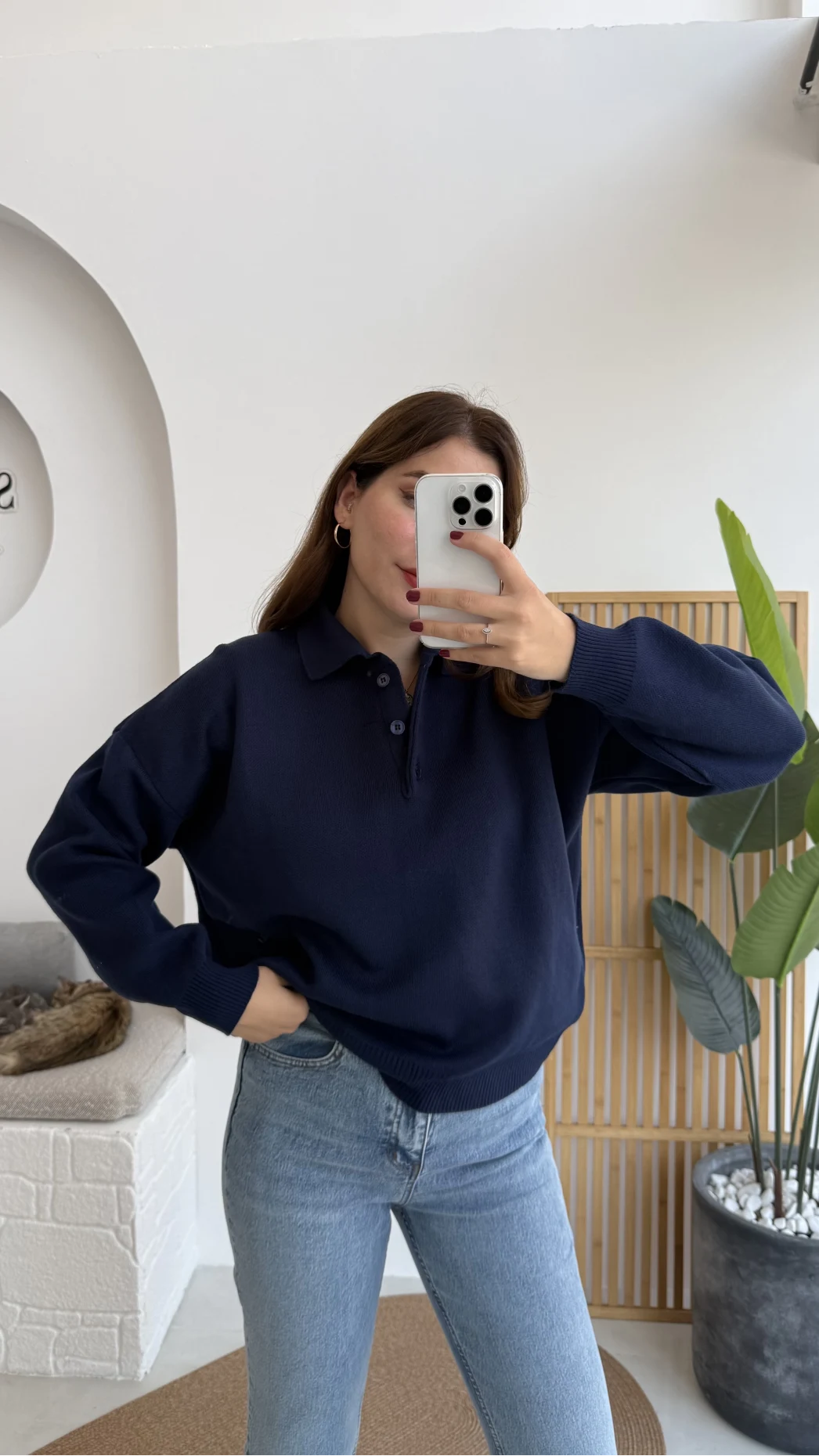 Zoey Polo Yaka Düğmeli Kazak - Lacivert - Kod: 34100