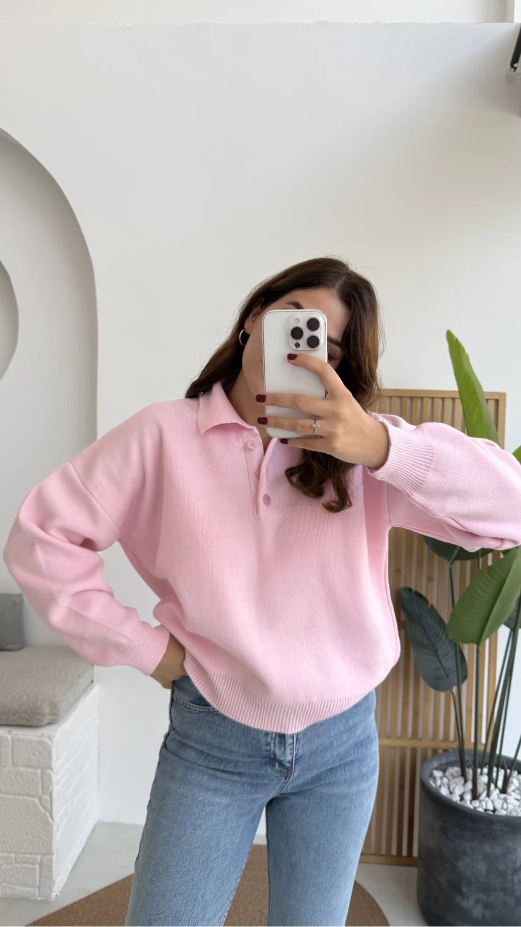 Zoey Polo Yaka Düğmeli Kazak - Pembe - Kod: 34100