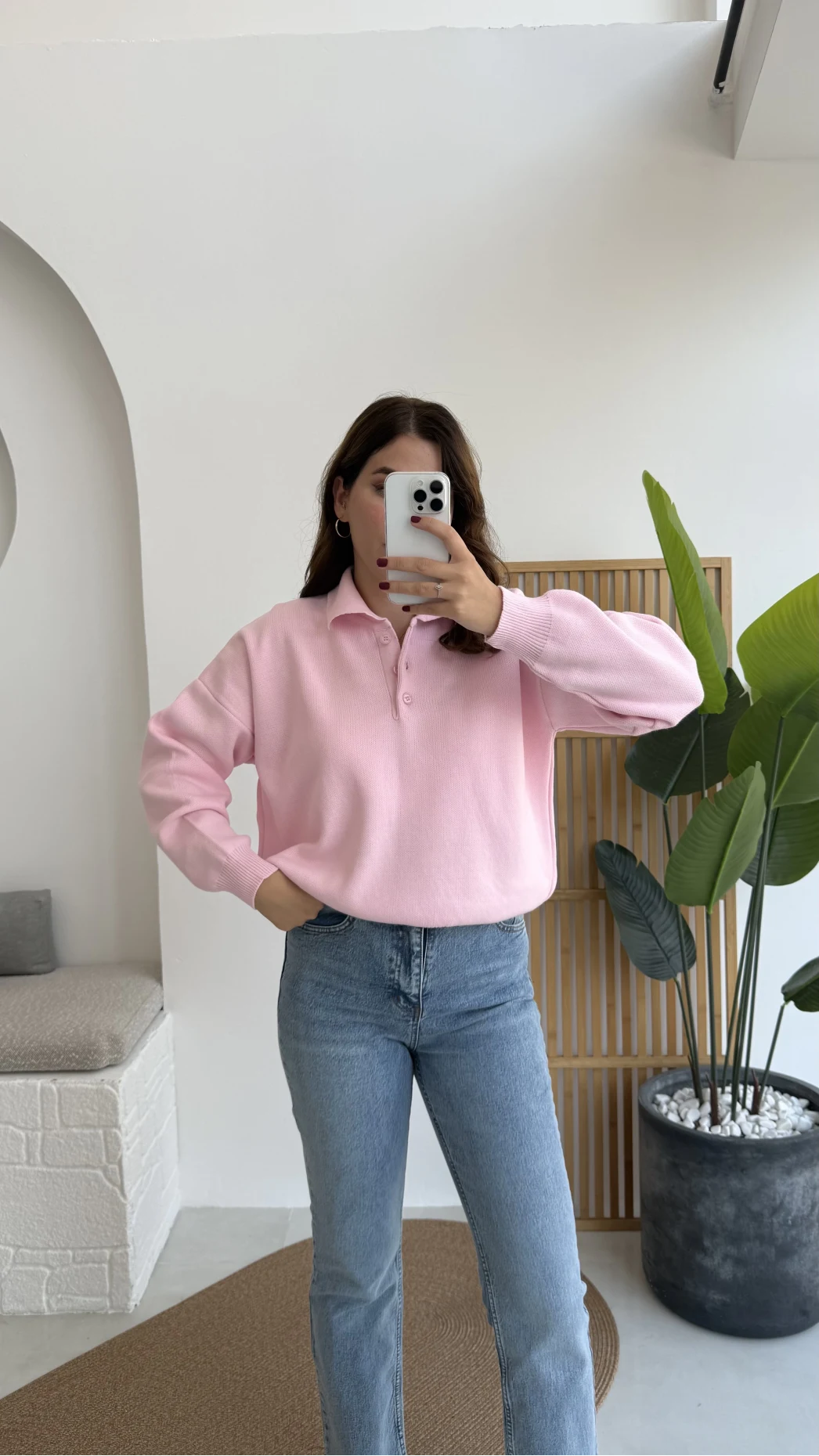 Zoey Polo Yaka Düğmeli Kazak - Pembe - Kod: 34100