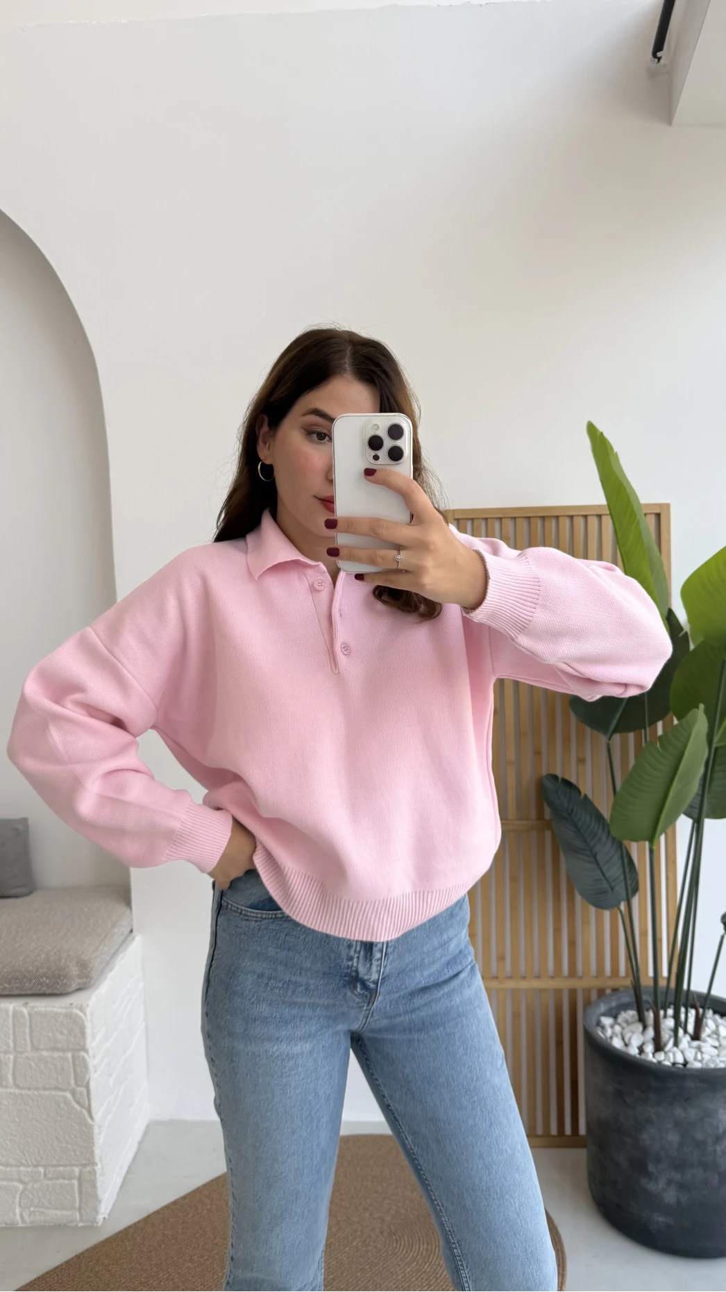 Zoey Polo Yaka Düğmeli Kazak - Pembe - Kod: 34100