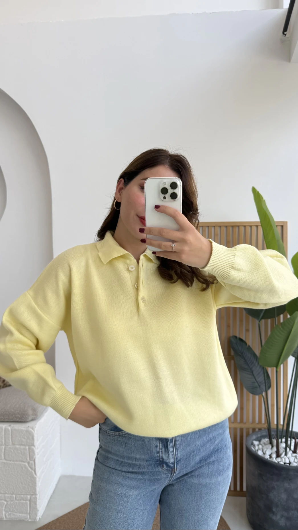 Zoey Polo Yaka Düğmeli Kazak - Sarı - Kod: 34100