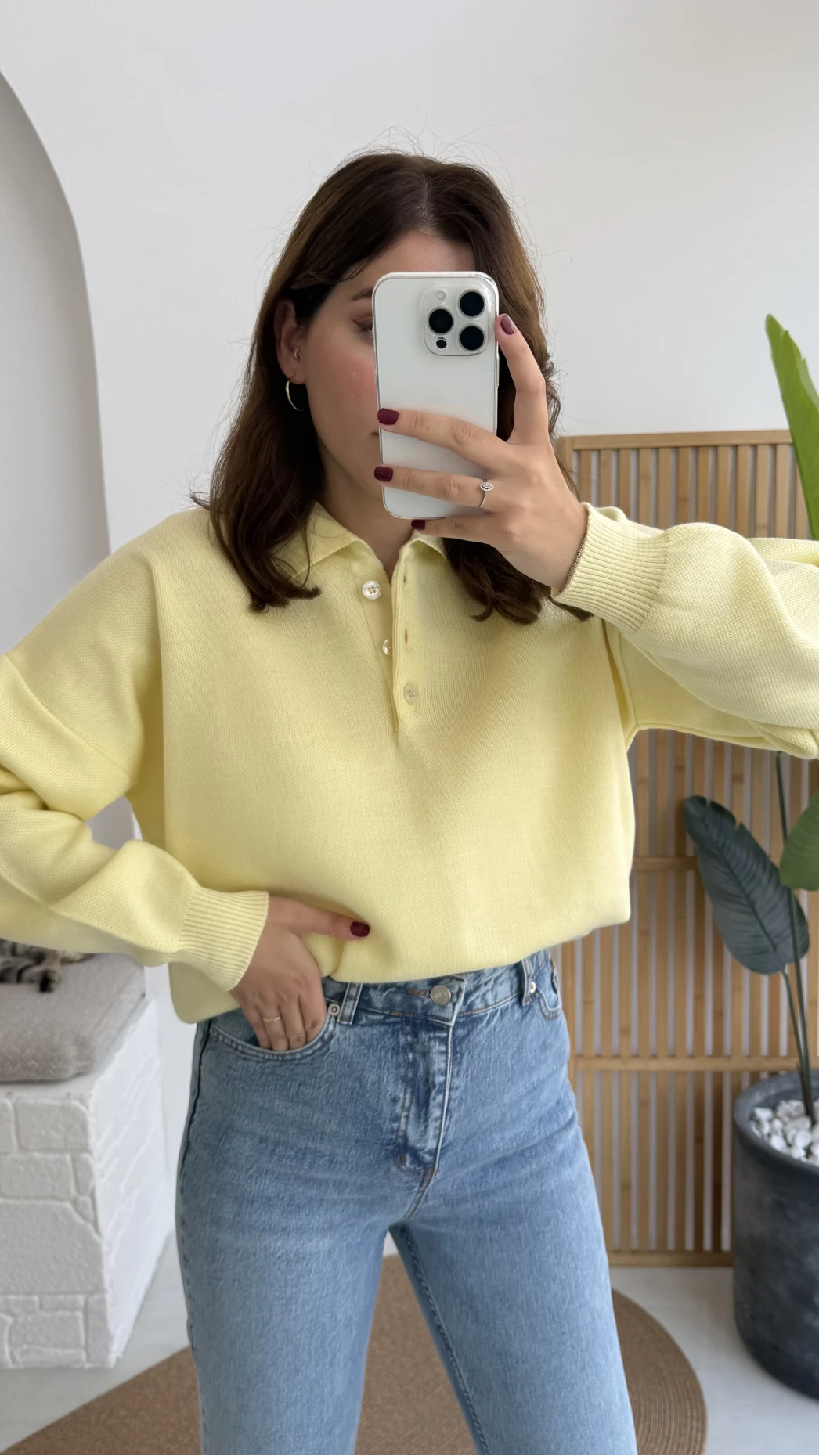 Zoey Polo Yaka Düğmeli Kazak - Sarı - Kod: 34100