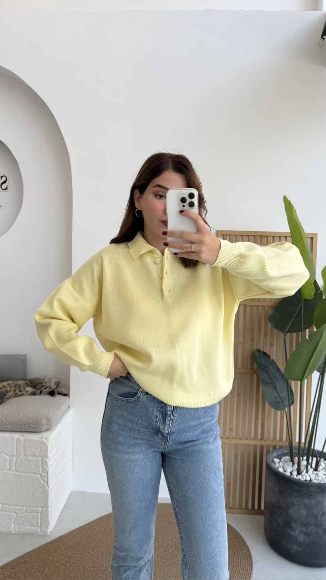 Zoey Polo Yaka Düğmeli Kazak - Sarı - Kod: 34100