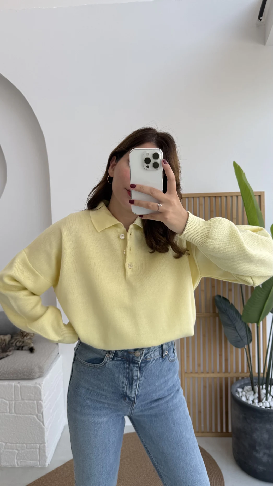 Zoey Polo Yaka Düğmeli Kazak - Sarı - Kod: 34100