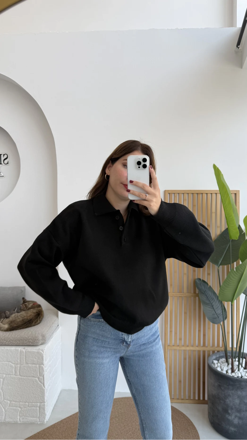 Zoey Polo Yaka Düğmeli Kazak - Siyah - Kod: 34100