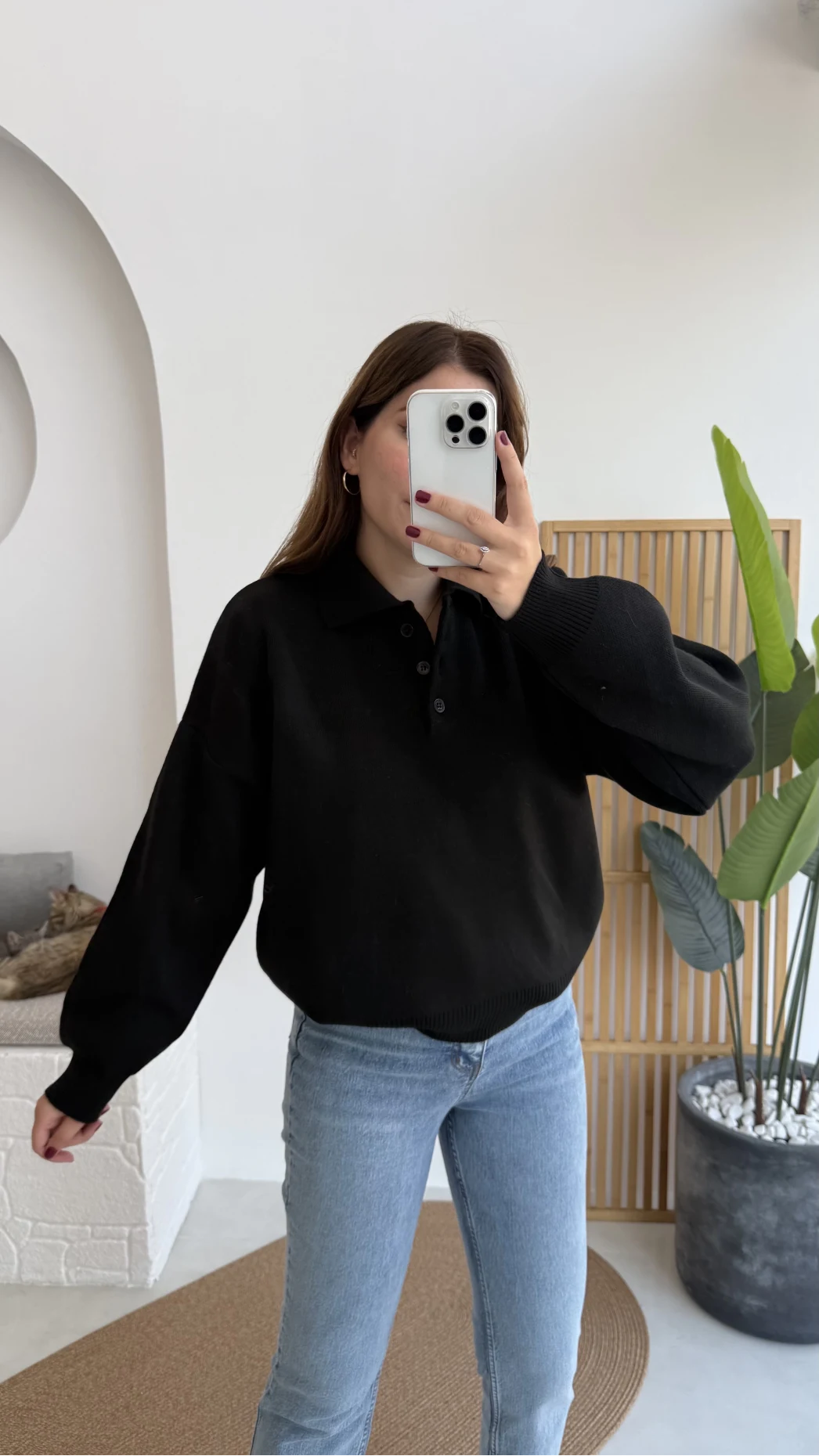 Zoey Polo Yaka Düğmeli Kazak - Siyah - Kod: 34100