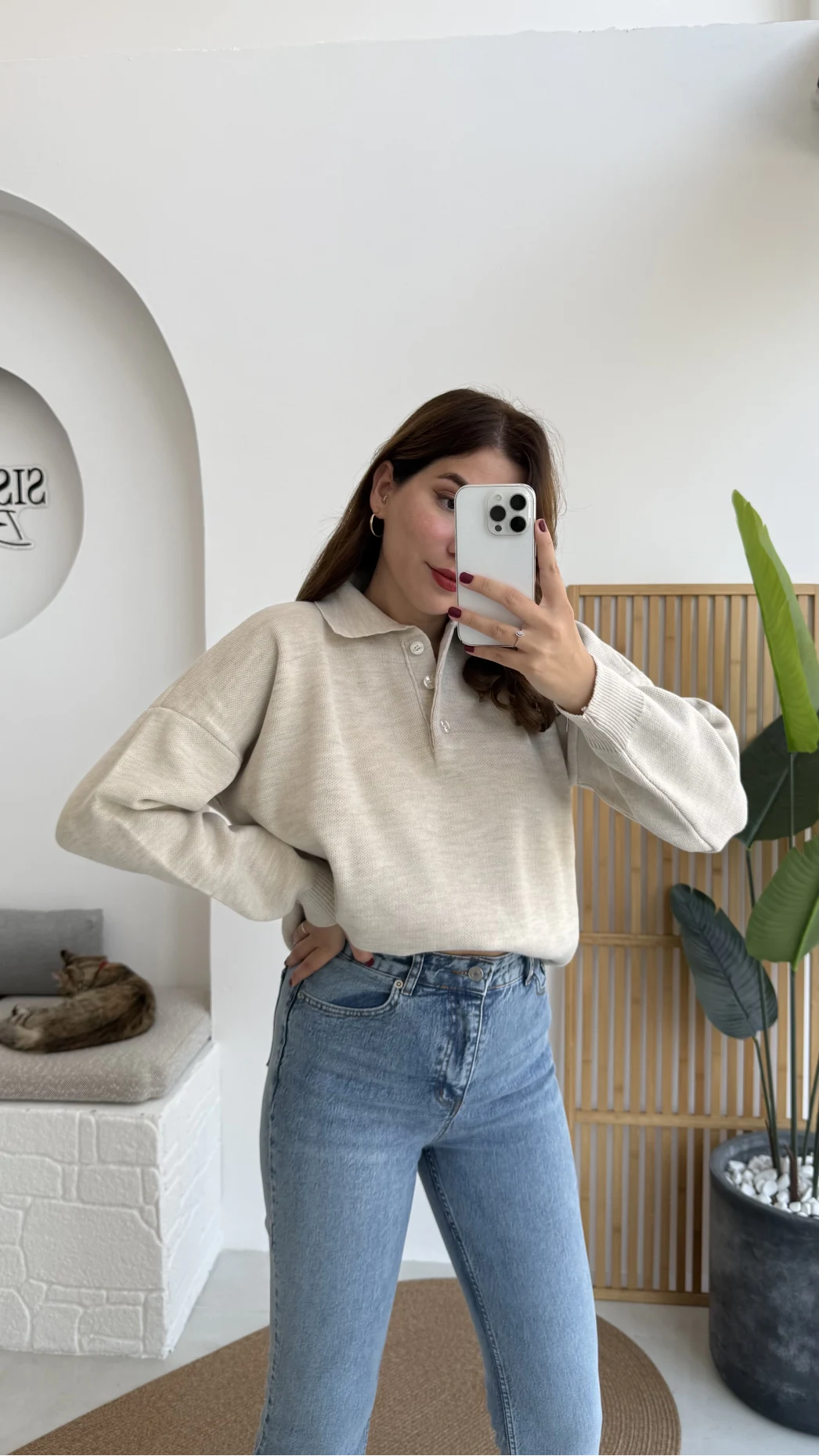 Zoey Polo Yaka Düğmeli Kazak - Taş - Kod: 34100