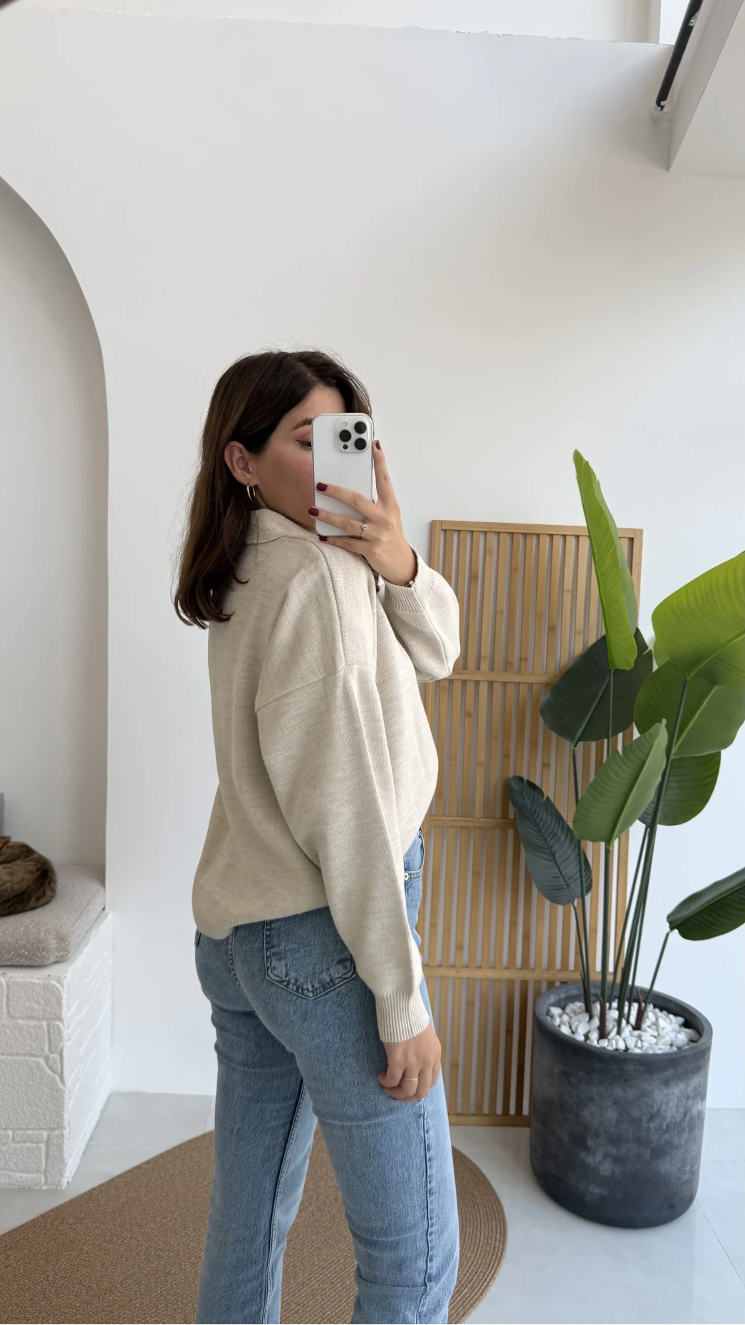 Zoey Polo Yaka Düğmeli Kazak - Taş - Kod: 34100