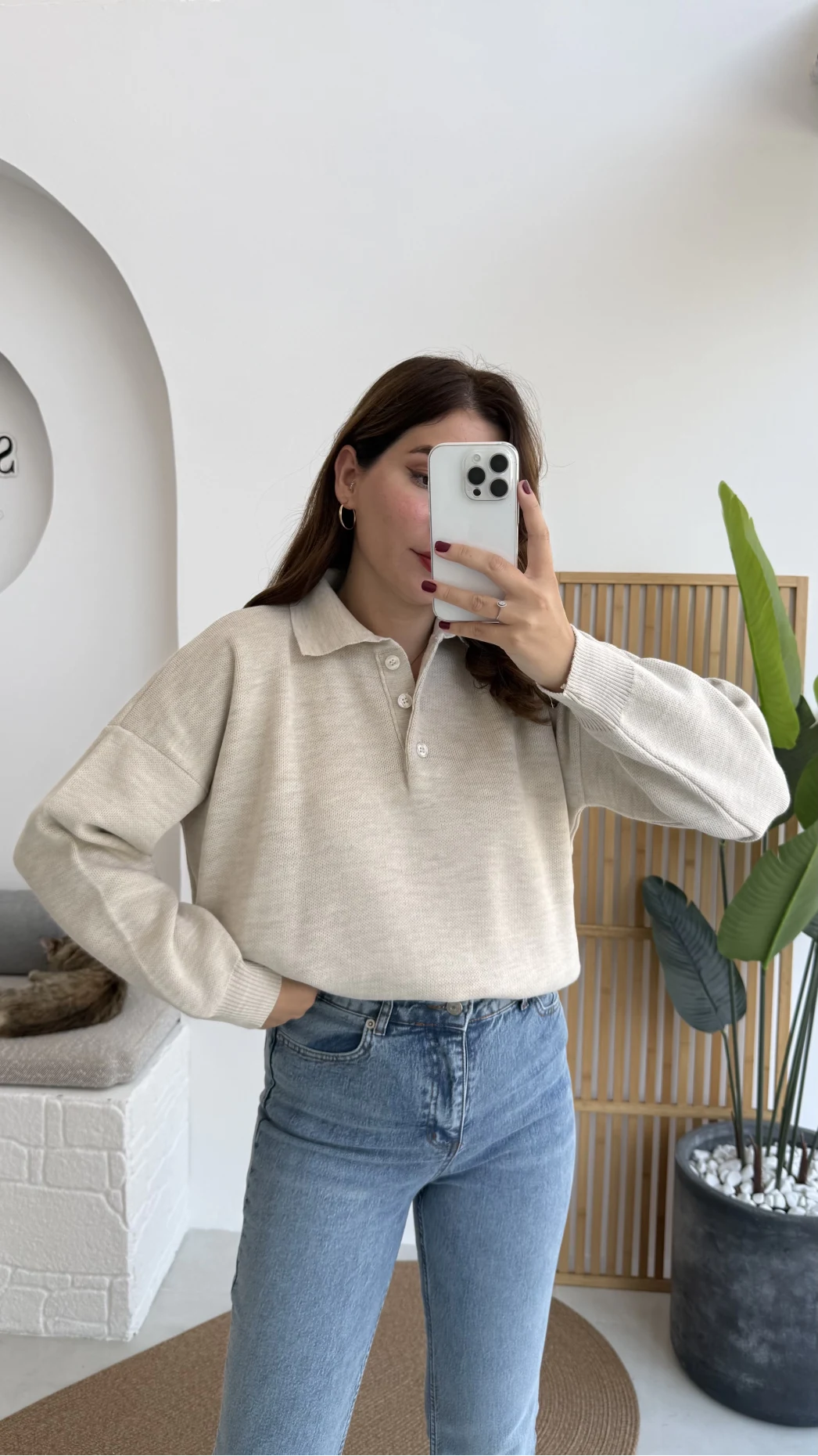 Zoey Polo Yaka Düğmeli Kazak - Taş - Kod: 34100