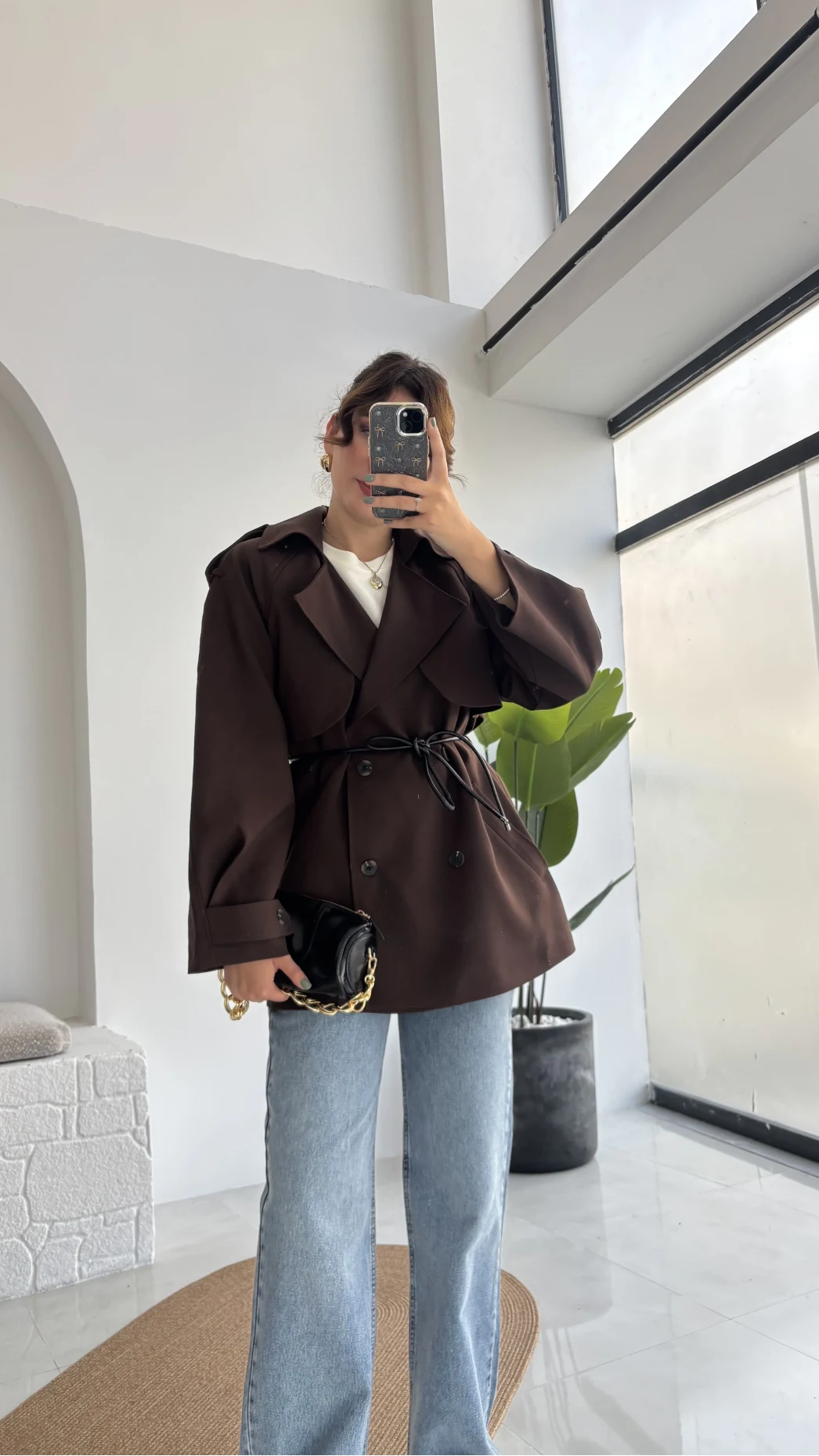 Zoya Deri İpli Kısa Trençkot - Acı Kahve - Kod: 7488