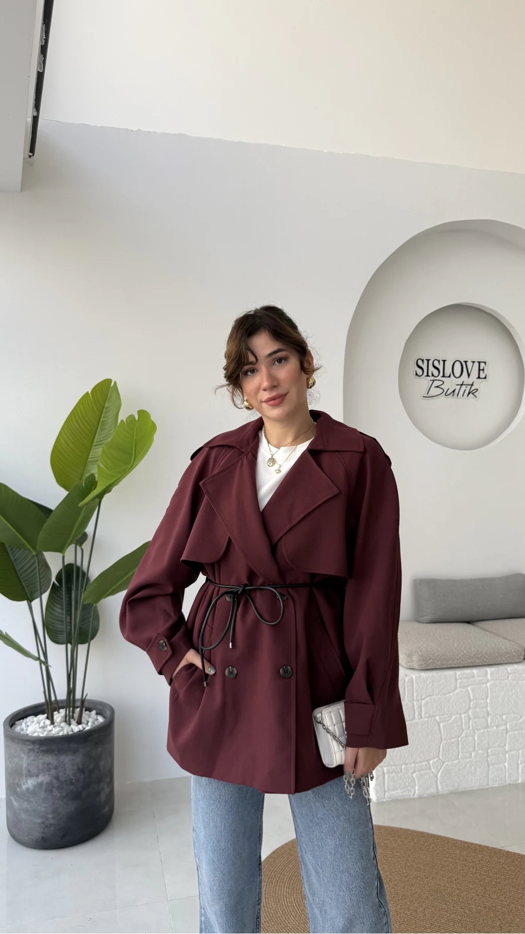 Zoya Deri İpli Kısa Trençkot - Bordo - Kod: 7488