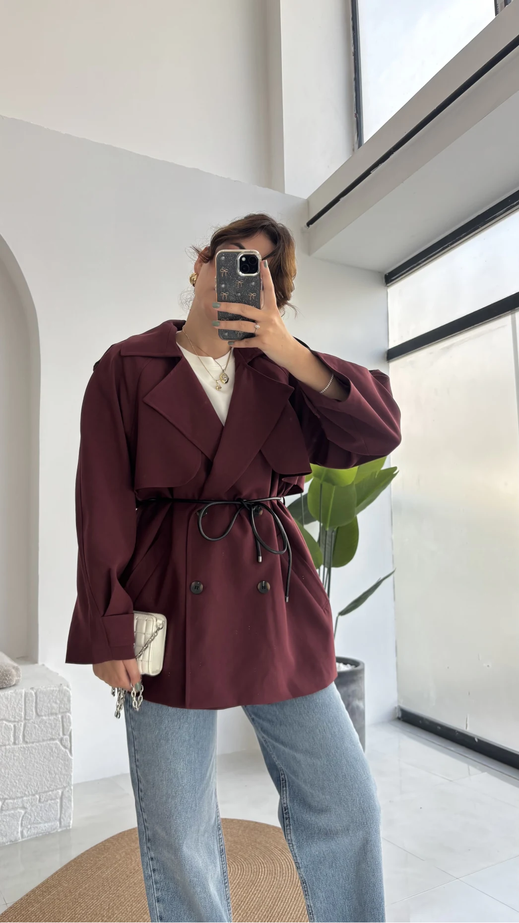 Zoya Deri İpli Kısa Trençkot - Bordo - Kod: 7488