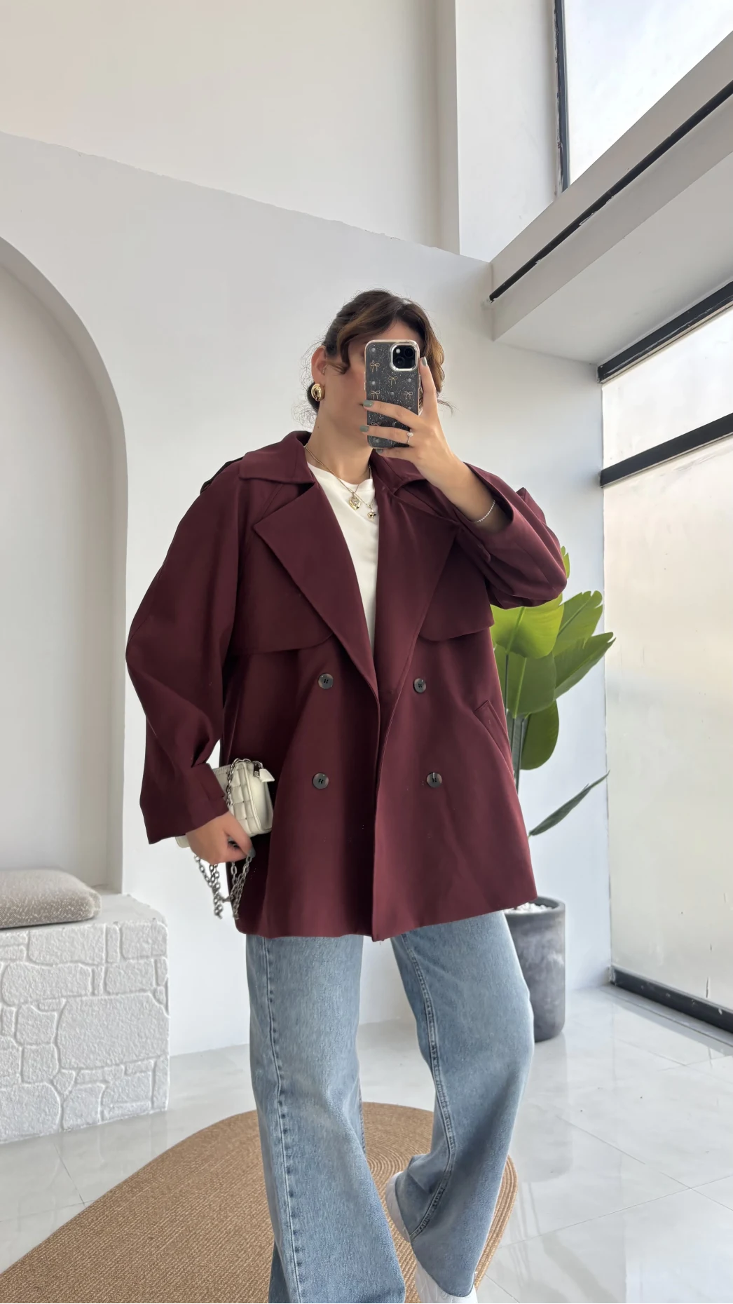 Zoya Deri İpli Kısa Trençkot - Bordo - Kod: 7488