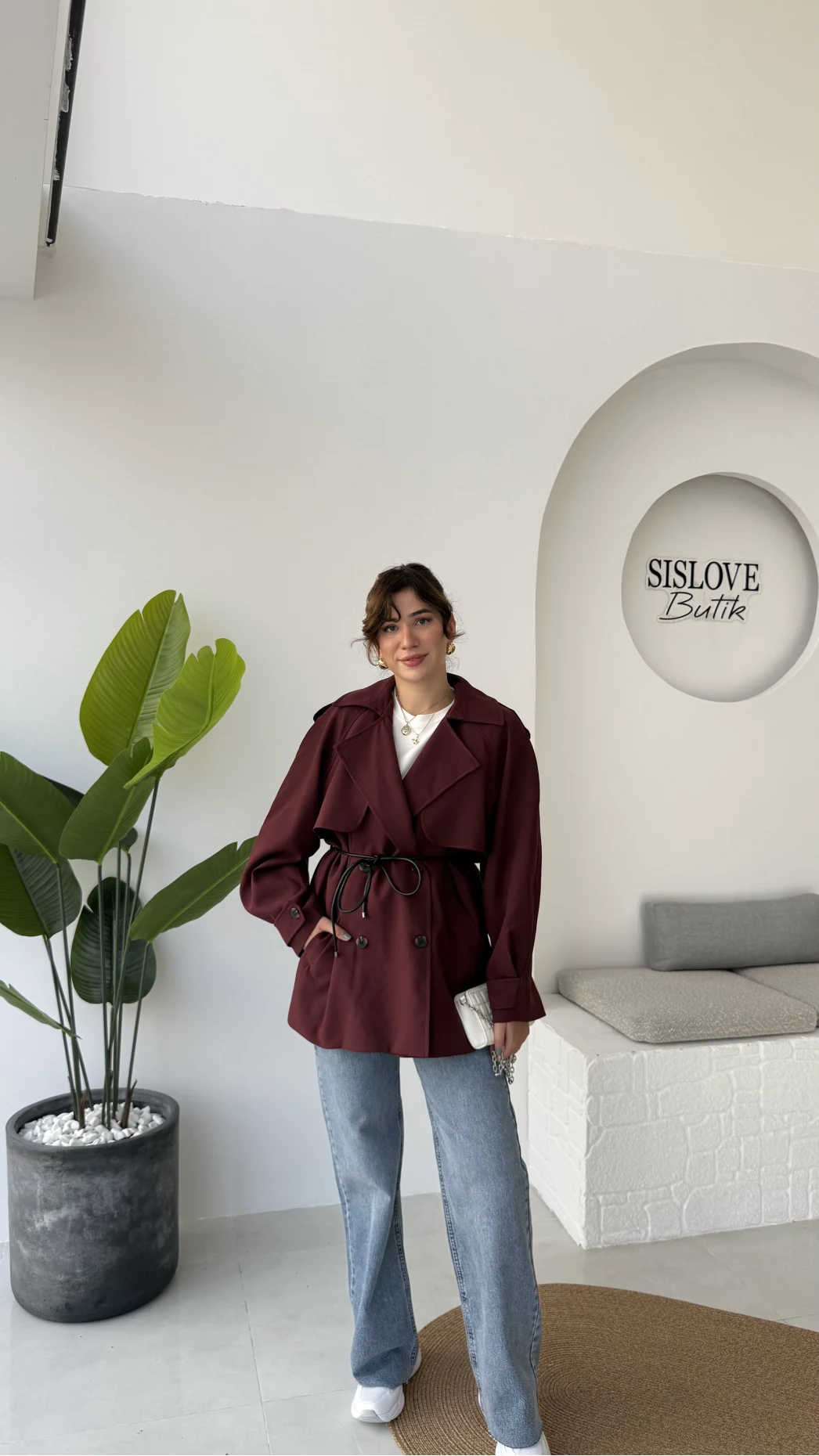 Zoya Deri İpli Kısa Trençkot - Bordo - Kod: 7488