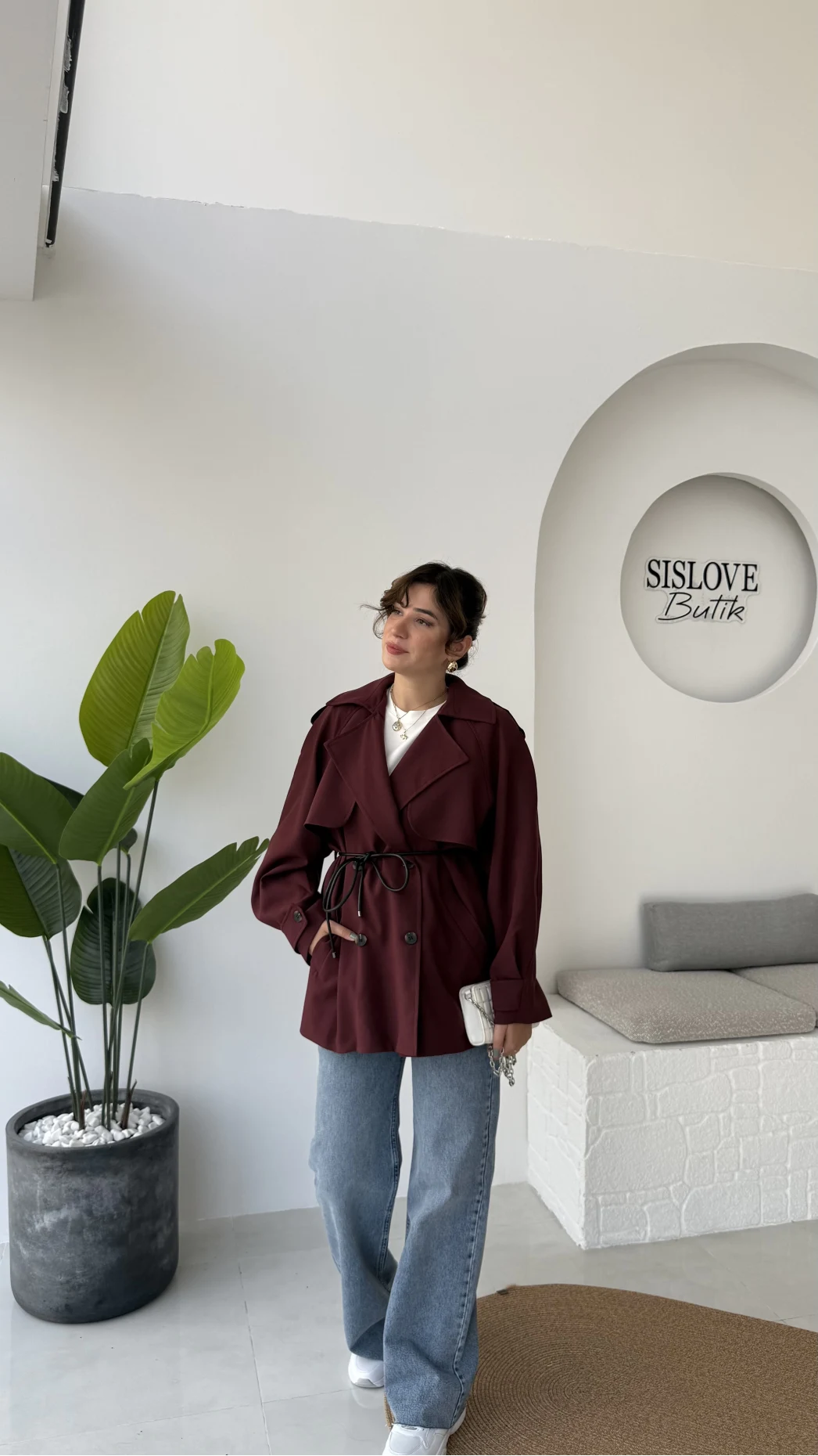 Zoya Deri İpli Kısa Trençkot - Bordo - Kod: 7488