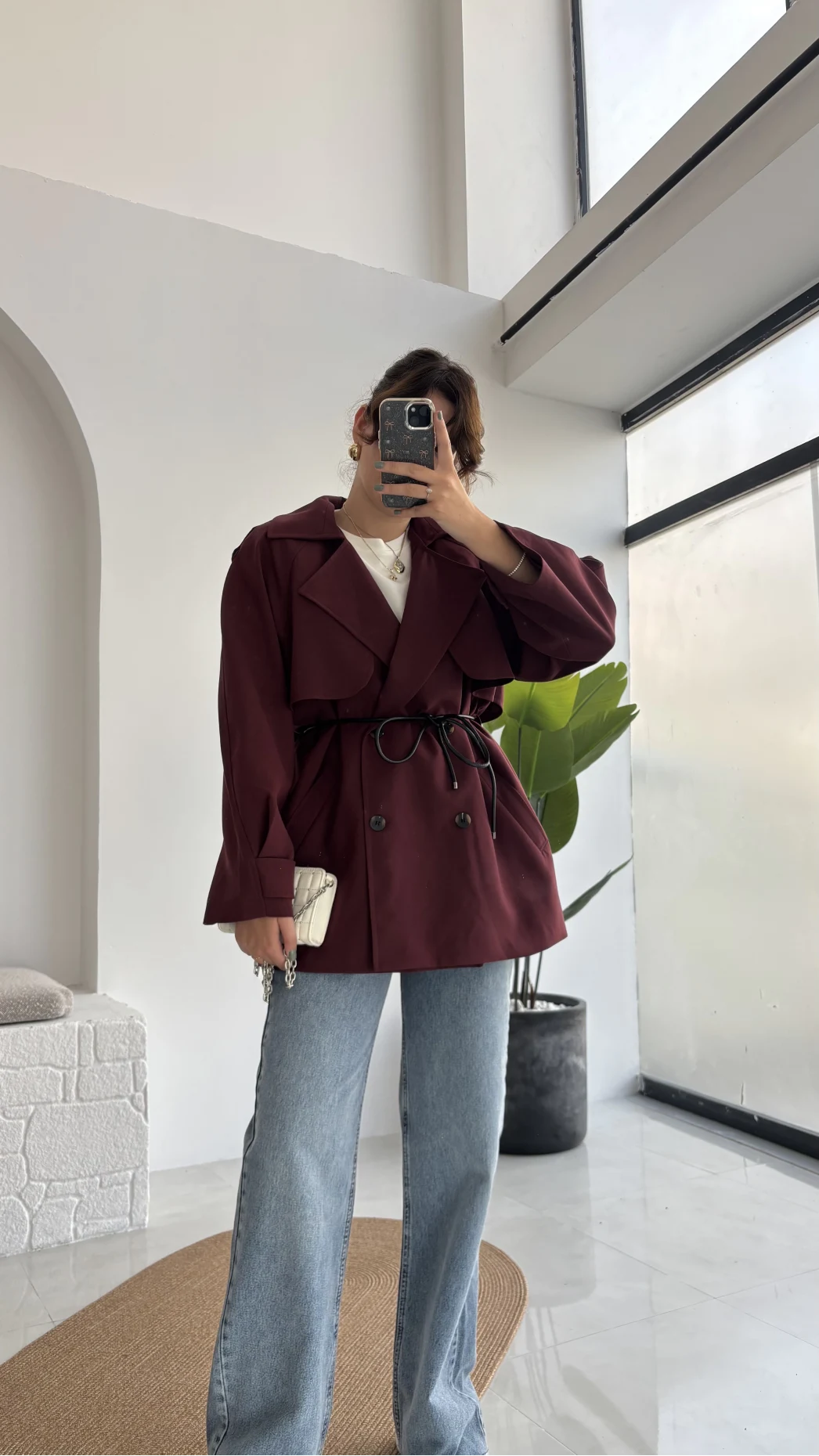 Zoya Deri İpli Kısa Trençkot - Bordo - Kod: 7488