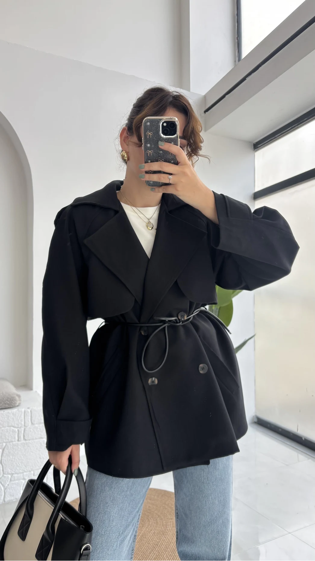 Zoya Deri İpli Kısa Trençkot - Siyah - Kod: 7488