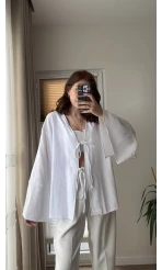 %100 Pamuk Ham Keten Kumaş Kimono Beyaz