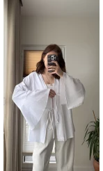 %100 Pamuk Ham Keten Kumaş Kimono Beyaz