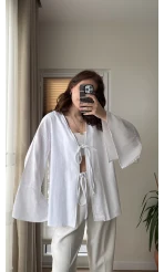 %100 Pamuk Ham Keten Kumaş Kimono Beyaz