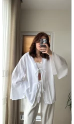 %100 Pamuk Ham Keten Kumaş Kimono Beyaz