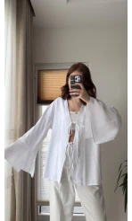 %100 Pamuk Ham Keten Kumaş Kimono Beyaz