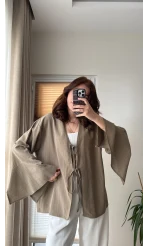 %100 Pamuk Ham Keten Kumaş Kimono Haki