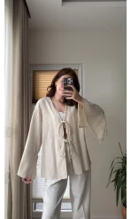 %100 Pamuk Ham Keten Kumaş Kimono Krem