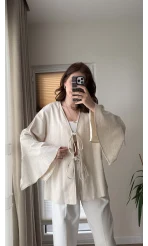 %100 Pamuk Ham Keten Kumaş Kimono Krem