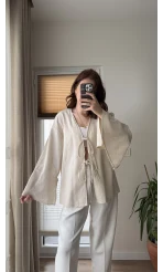 %100 Pamuk Ham Keten Kumaş Kimono Krem