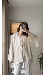 %100 Pamuk Ham Keten Kumaş Kimono Krem