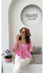 1013 - Seren Katlı Bağlamalı Bluz - Şeker Pembesi