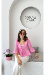 1013 - Seren Katlı Bağlamalı Bluz - Şeker Pembesi