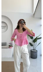 1013 - Seren Katlı Bağlamalı Bluz - Şeker Pembesi