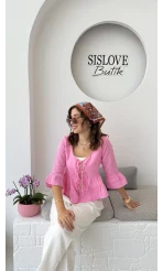 1013 - Seren Katlı Bağlamalı Bluz - Şeker Pembesi