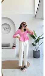 1013 - Seren Katlı Bağlamalı Bluz - Şeker Pembesi