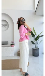 1013 - Seren Katlı Bağlamalı Bluz - Şeker Pembesi